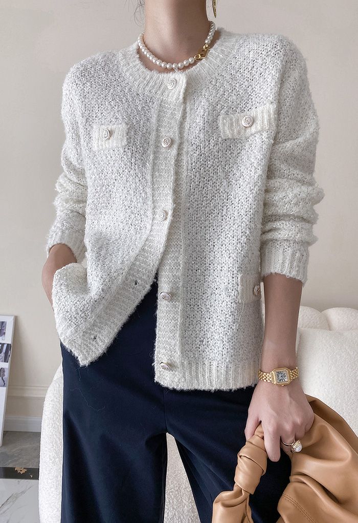 Sequins Trim Mohair Knit Cardigan in White - Retro, Indie and