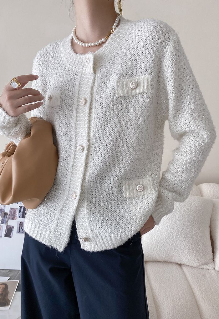 Sequins Trim Mohair Knit Cardigan in White