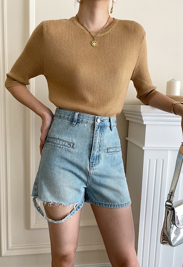 Round Neck Elbow Sleeve Knit Top in Ginger