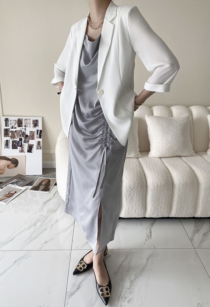 One Button Three-Quarter Sleeve Blazer in White