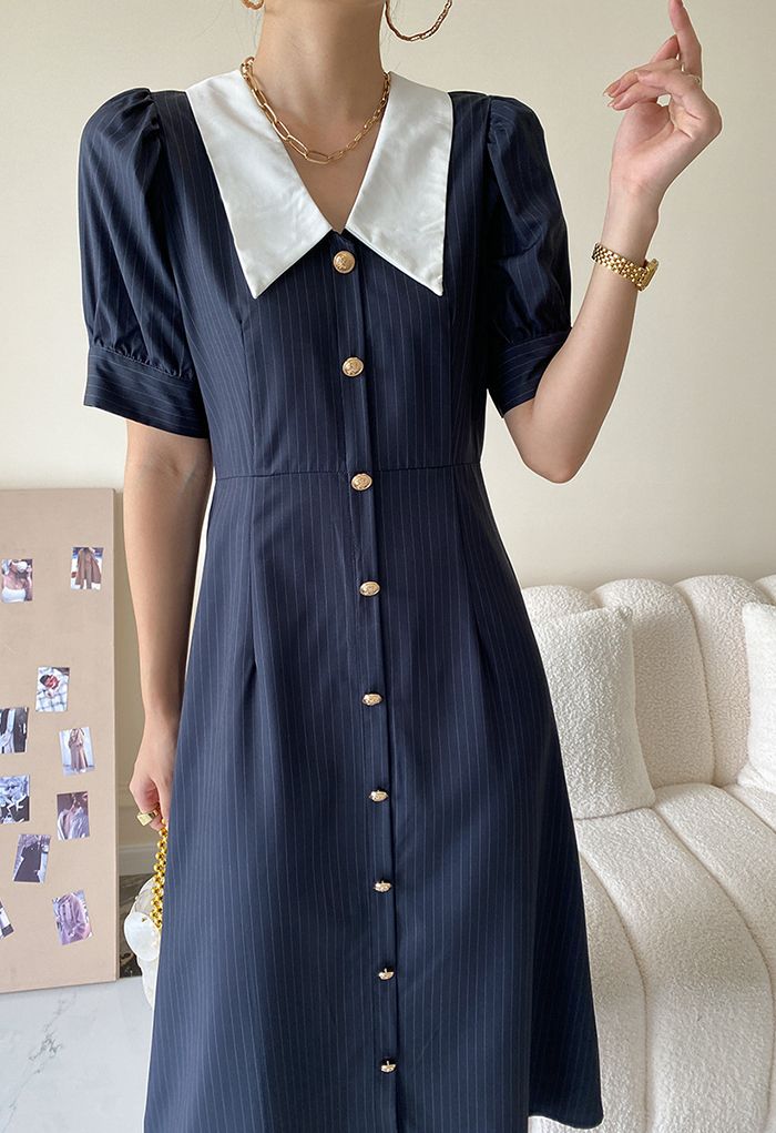 Contrast Collar Stripe Button Down Dress