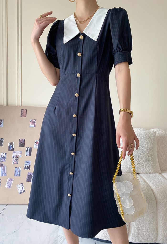 Contrast Collar Stripe Button Down Dress