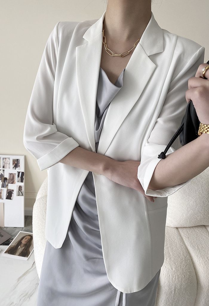 One Button Three-Quarter Sleeve Blazer in White