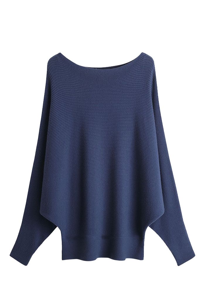 Boat Neck Batwing Sleeves Knit Top in Navy