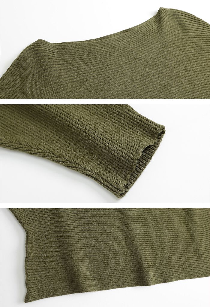 Boat Neck Batwing Sleeves Knit Top in Army Green