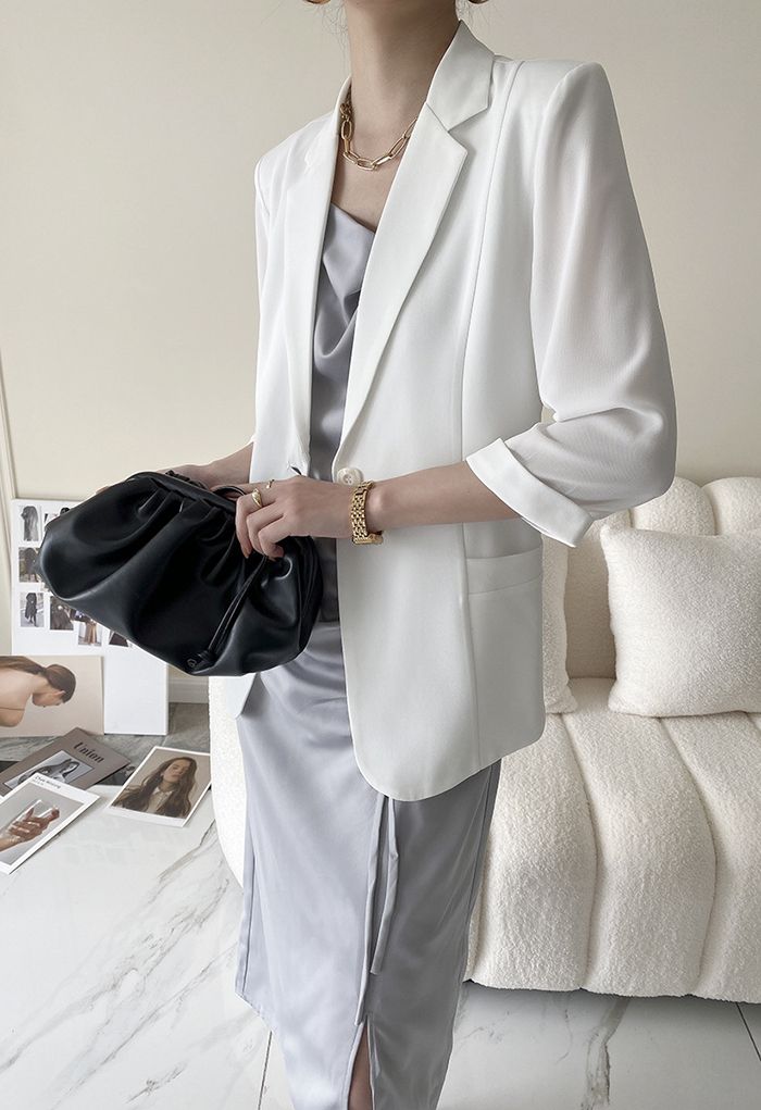 One Button Three-Quarter Sleeve Blazer in White