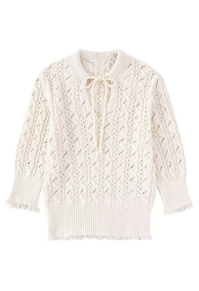 Tie-String V-Neck Tassel Edge Knit Sweater