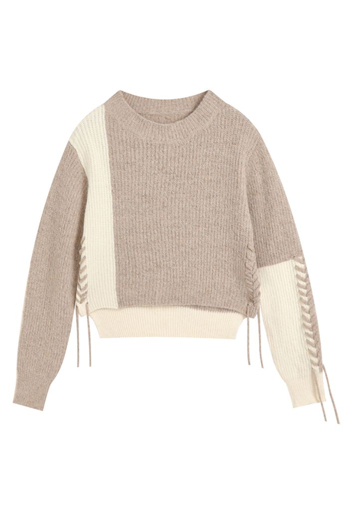 Bicolor Lace-Up Crop Sweater in Linen