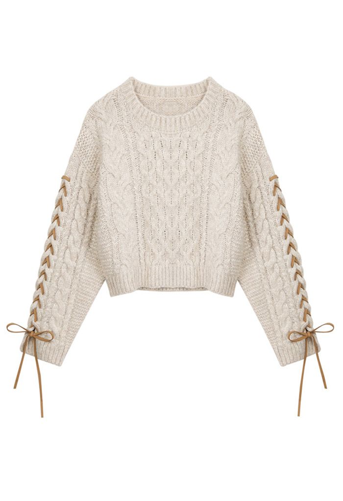 Lace-Up Sleeves Braided Knit Crop Sweater in Camel
