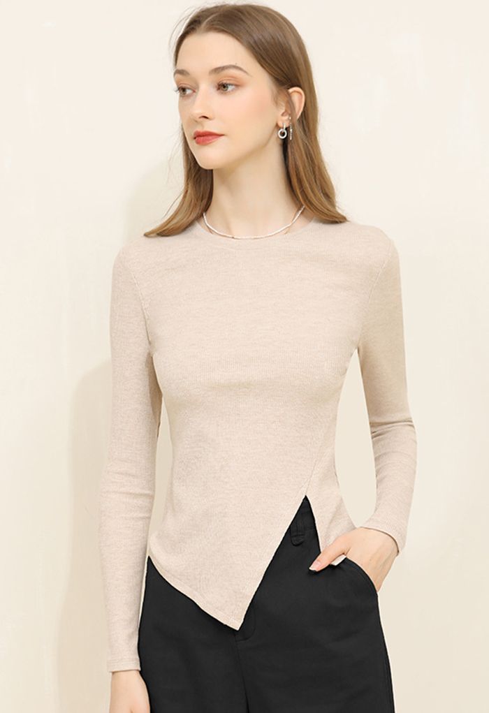 Asymmetric Slit Hem Fitted Top in Linen