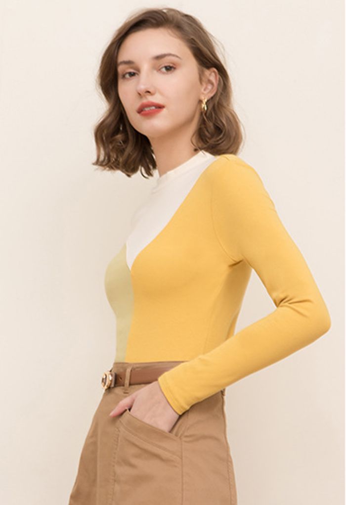 Color Block Crew Neck Fitted Top in Yellow