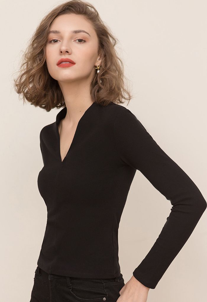 Elegant V-Neck Soft Fitted Top in Black