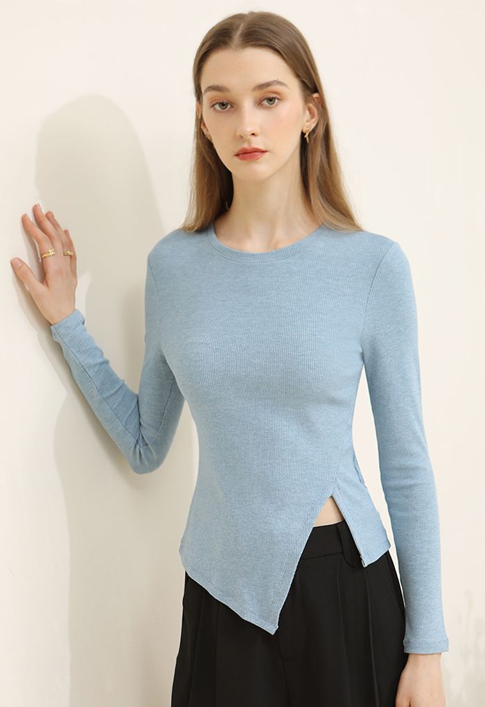 Asymmetric Slit Hem Fitted Top in Blue