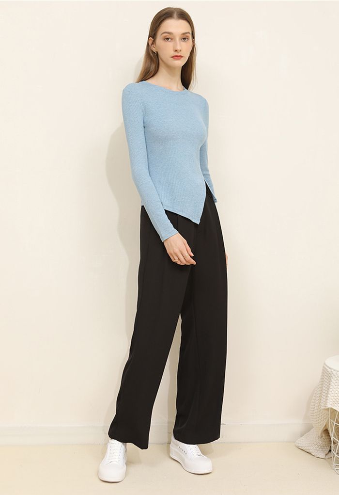 Asymmetric Slit Hem Fitted Top in Blue