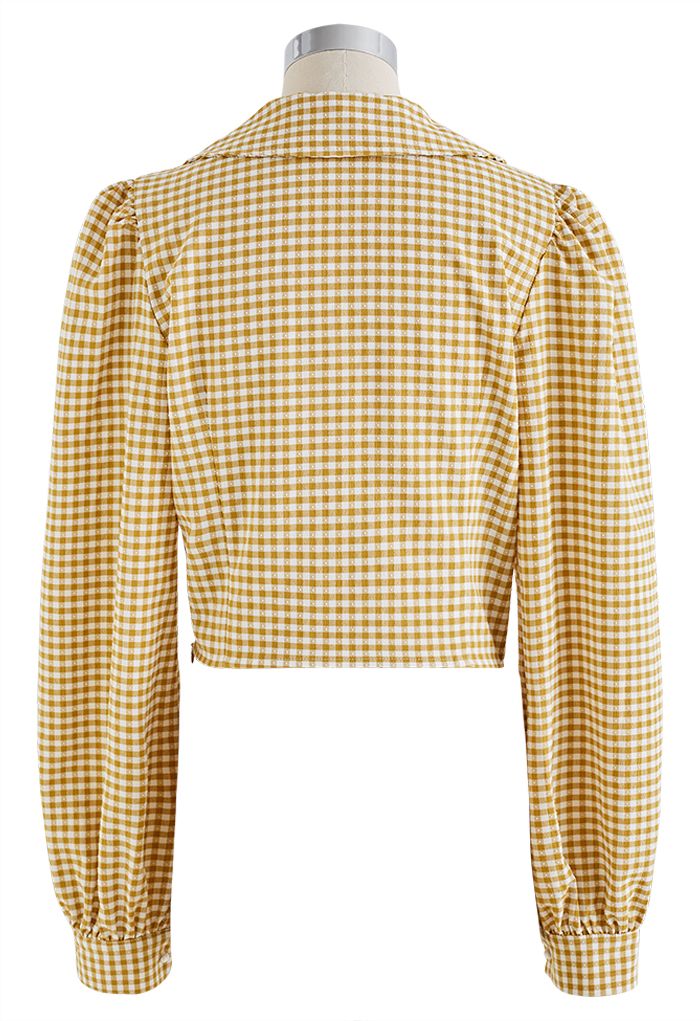 Gingham Twist Front Chiffon Cropped Shirt in Yellow