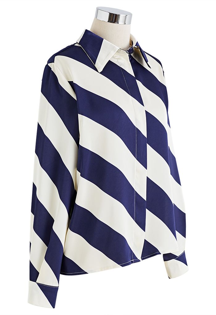 Diagonal Stripe V-Neck Satin Shirt in Navy