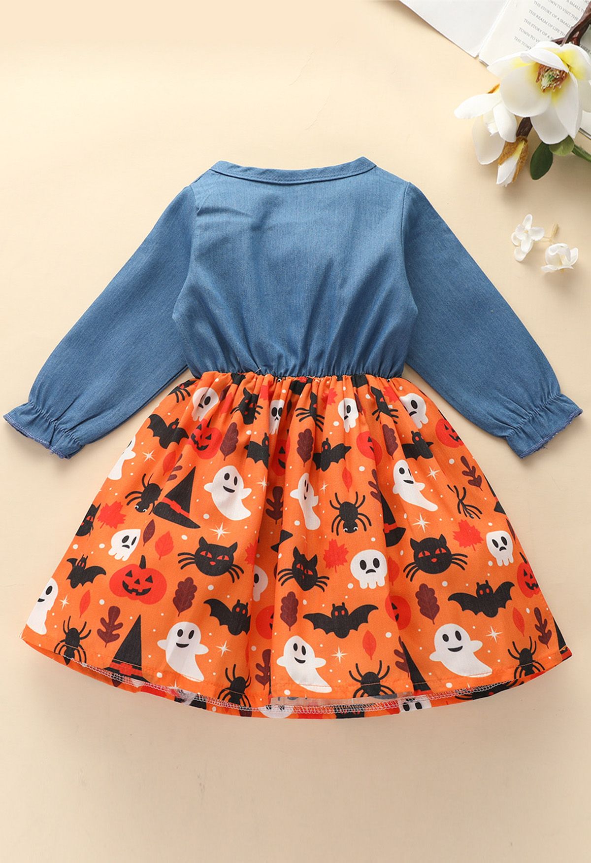 Kids' Halloween Party Denim Spliced Bowknot Dress in Orange