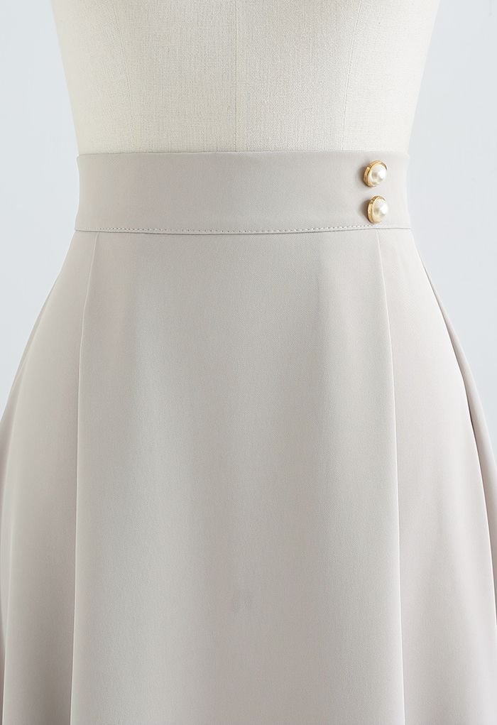 Classy Pearl Trim Flare Midi Skirt in Ivory