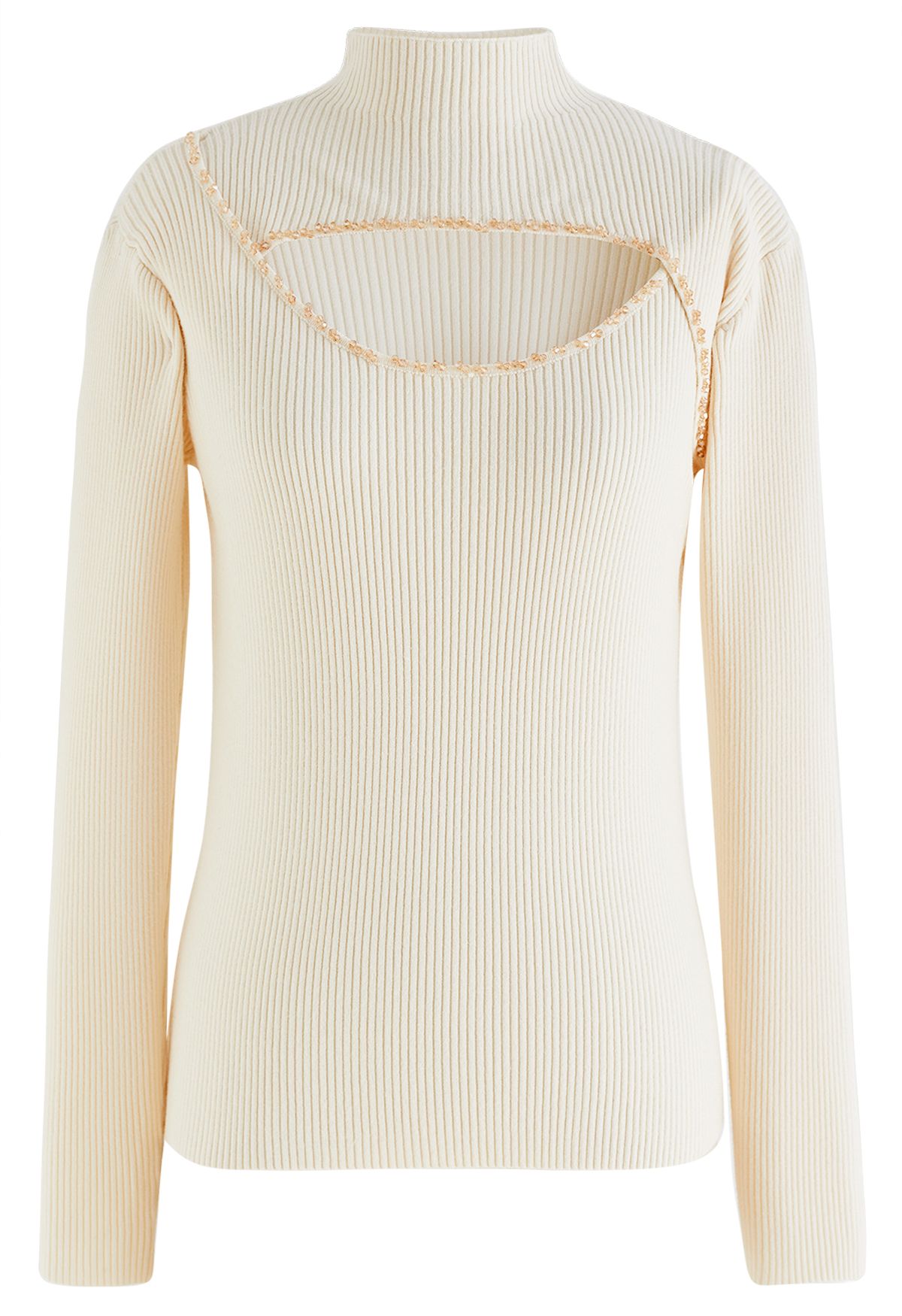 Crystal Trim Cutout High Neck Knit Top in Cream