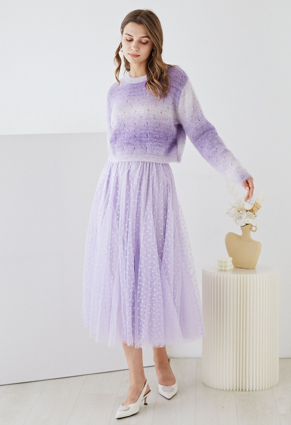 Ombre Eyelet Fuzzy Crop Sweater in Lilac