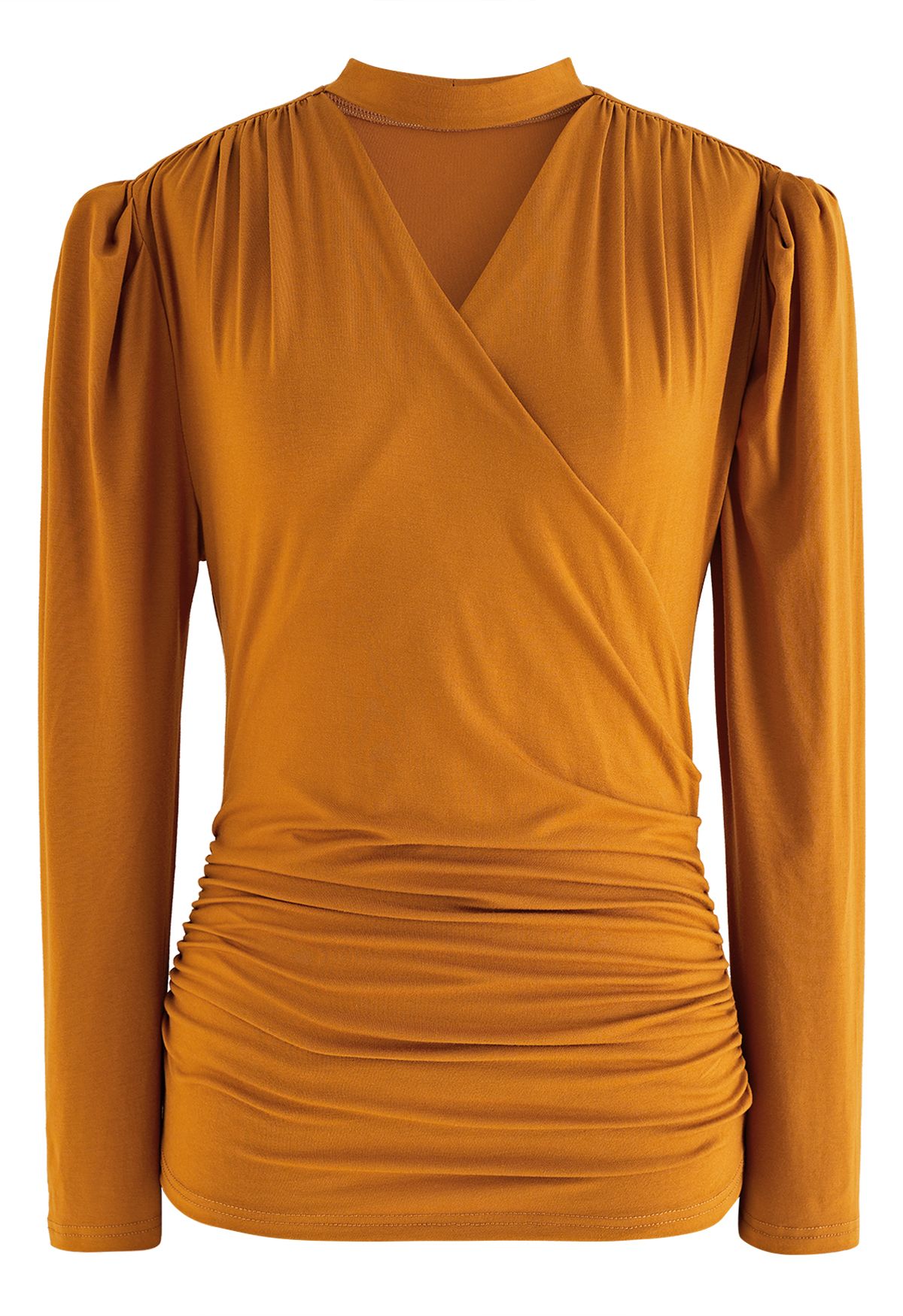 Choker Neck Ruched Front Long Sleeve Top in Pumpkin