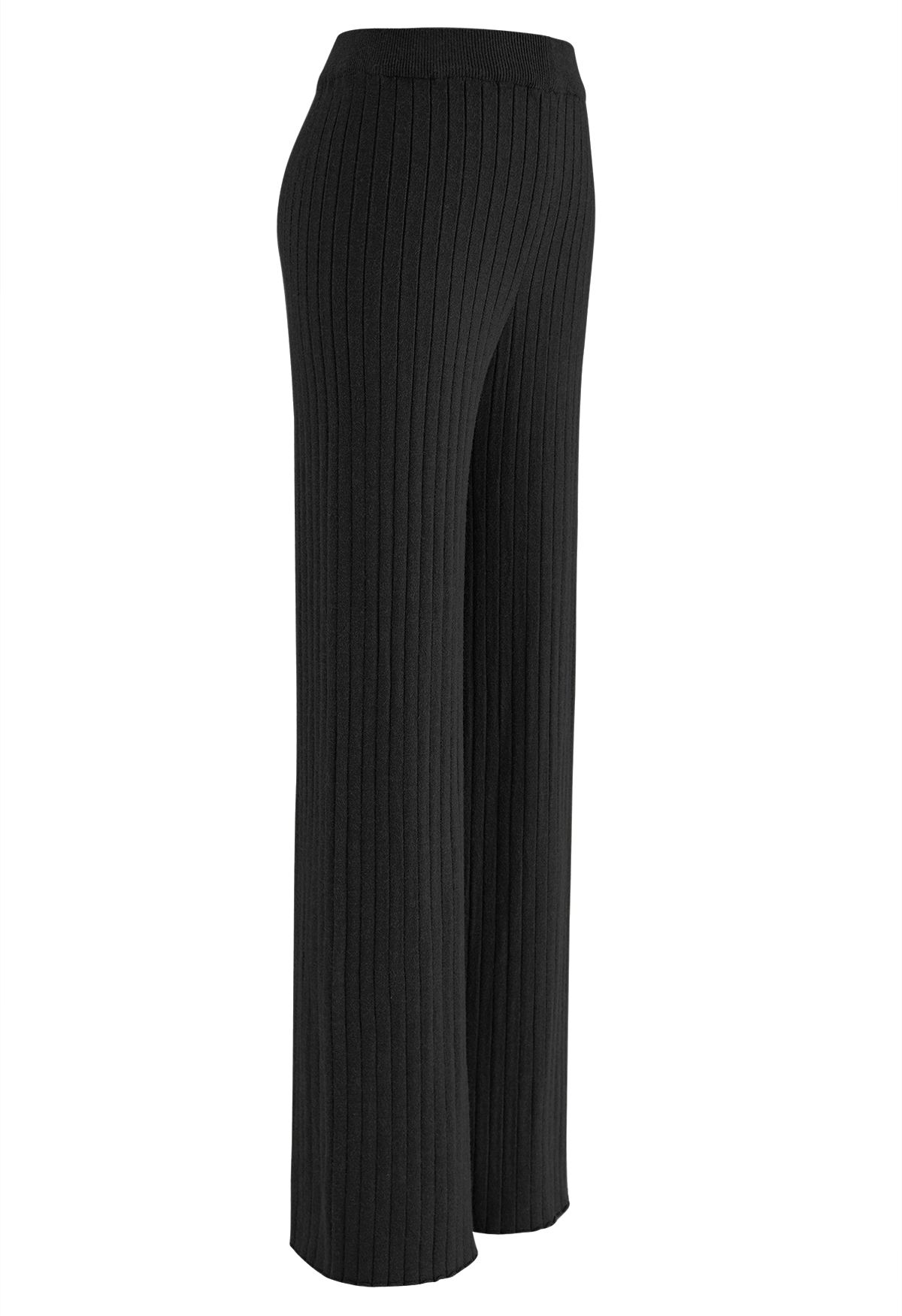 Ribbed Straight Leg Knit Pants in Black