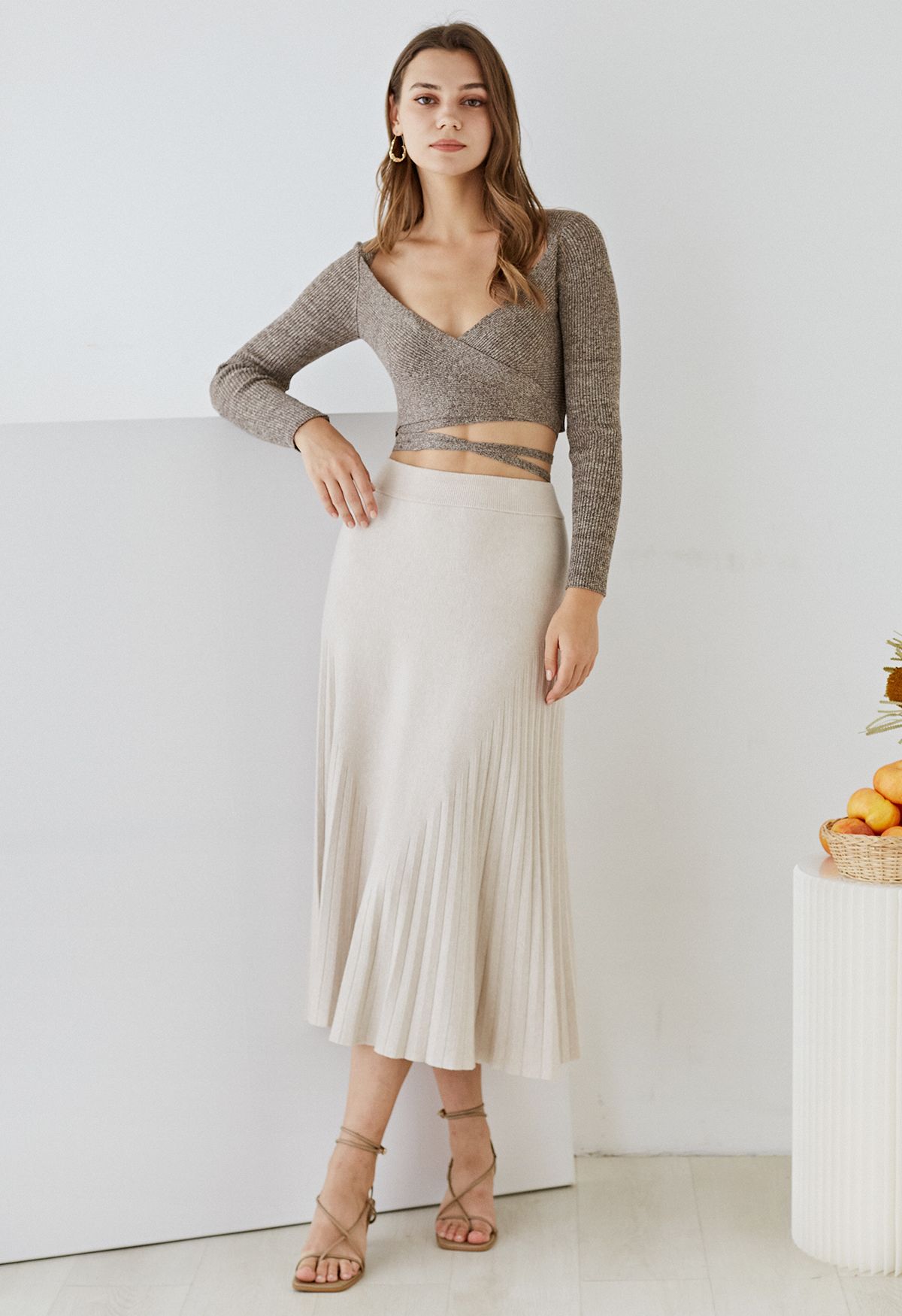 Pleated Texture Ultra-Soft Knit Midi Skirt in Sand