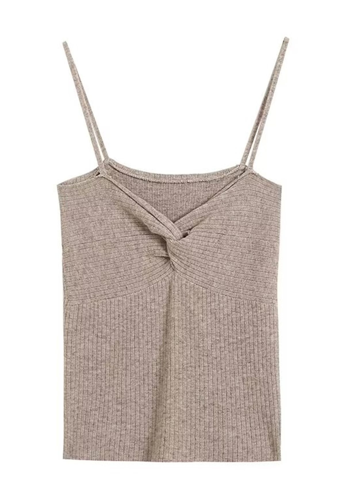 Twisted Front Ribbed Cami Top and Cardigan Set in Taupe