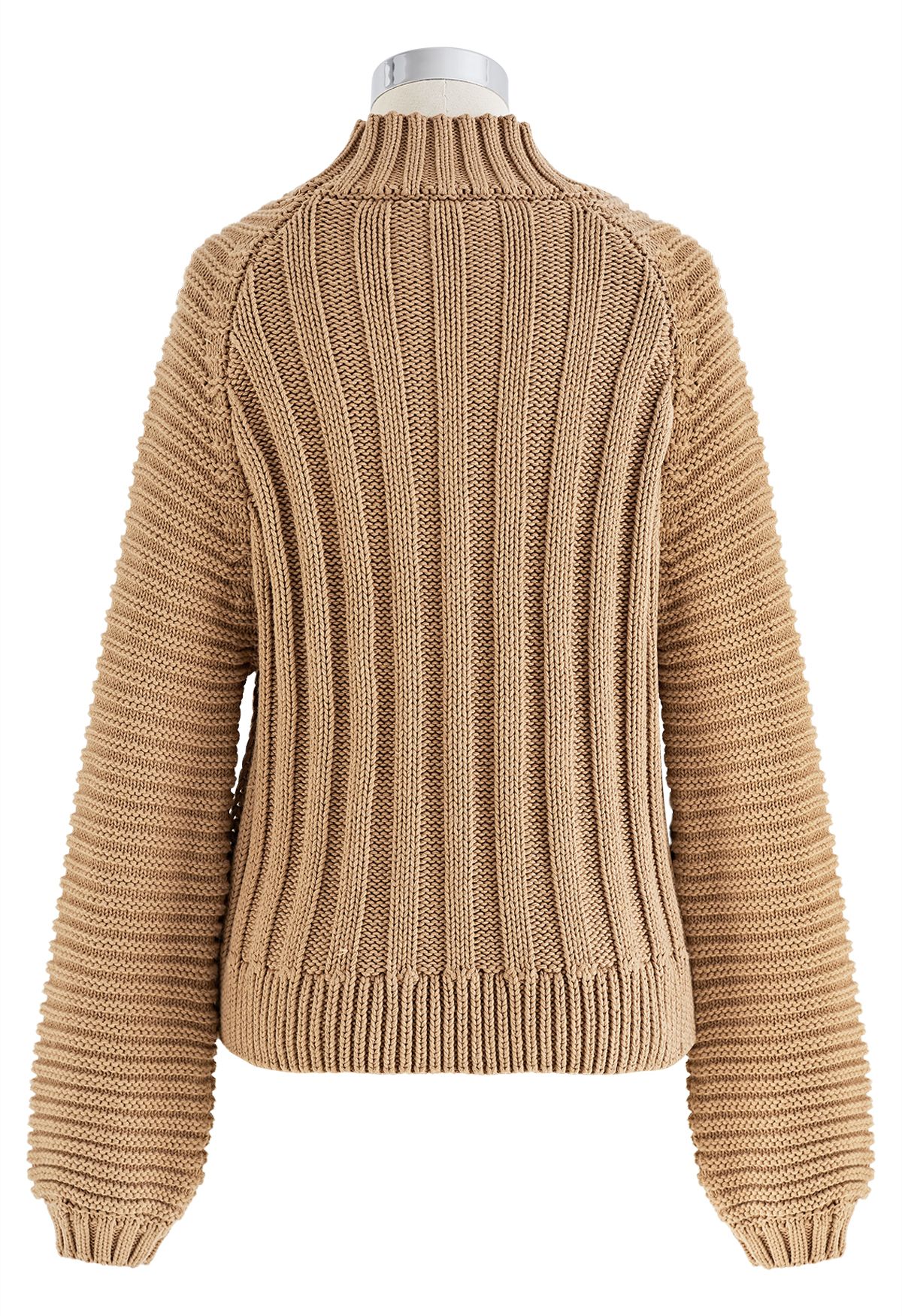 Exaggerated Ribbed High Neck Chunky Knit Crop Sweater in Tan