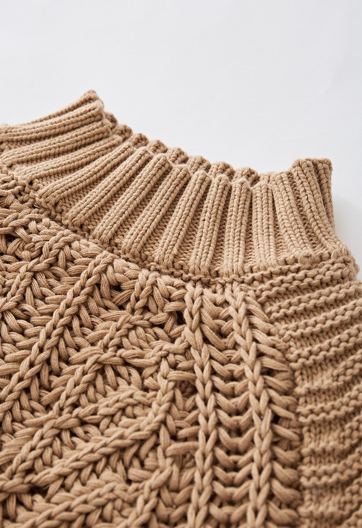 Exaggerated Ribbed High Neck Chunky Knit Crop Sweater in Tan