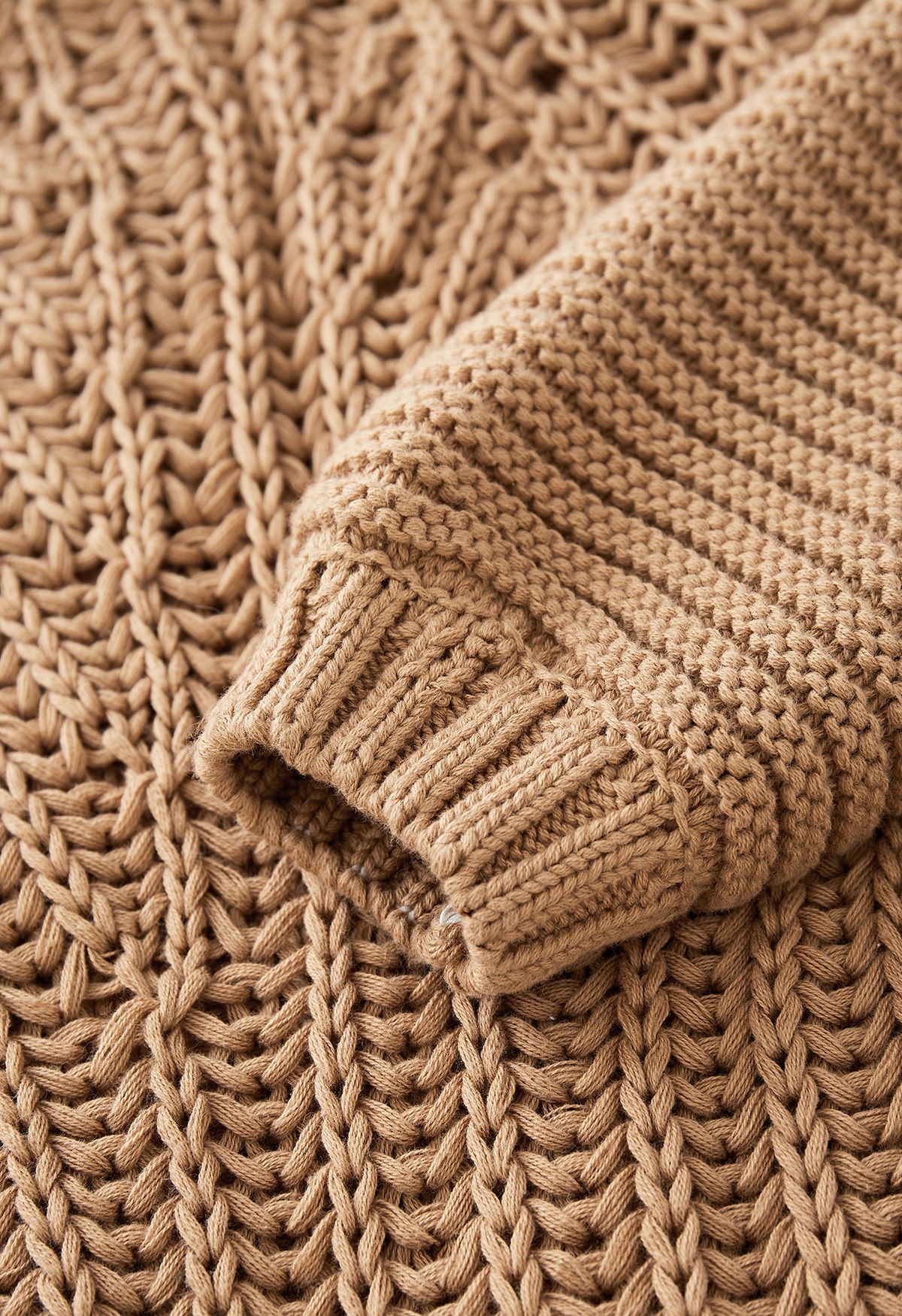 Exaggerated Ribbed High Neck Chunky Knit Crop Sweater in Tan