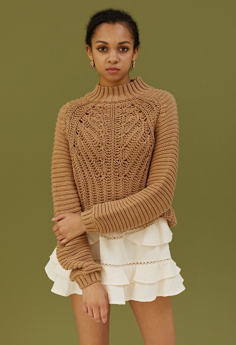 Turtleneck Cable Knit Sweater Dress in Tan - Retro, Indie and