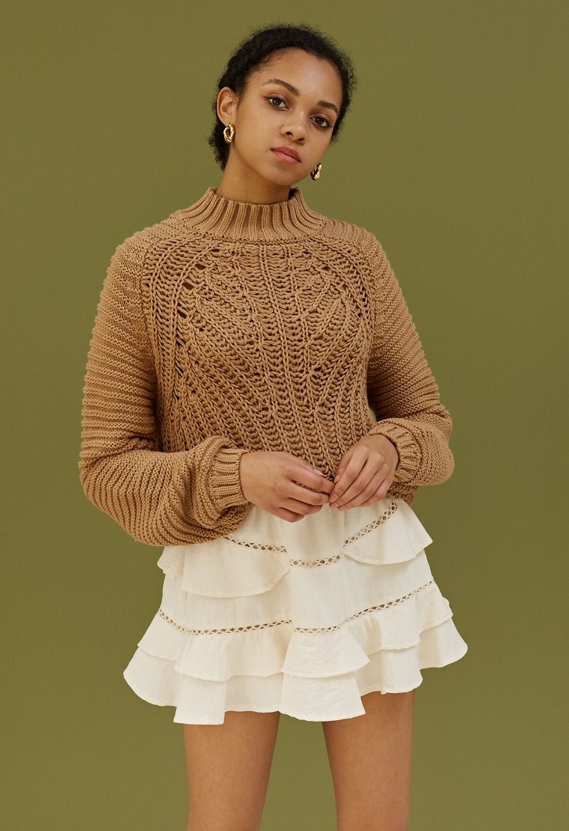 Exaggerated Ribbed High Neck Chunky Knit Crop Sweater in Tan