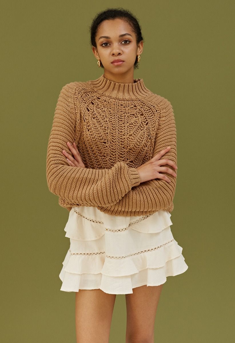 Exaggerated Ribbed High Neck Chunky Knit Crop Sweater in Tan