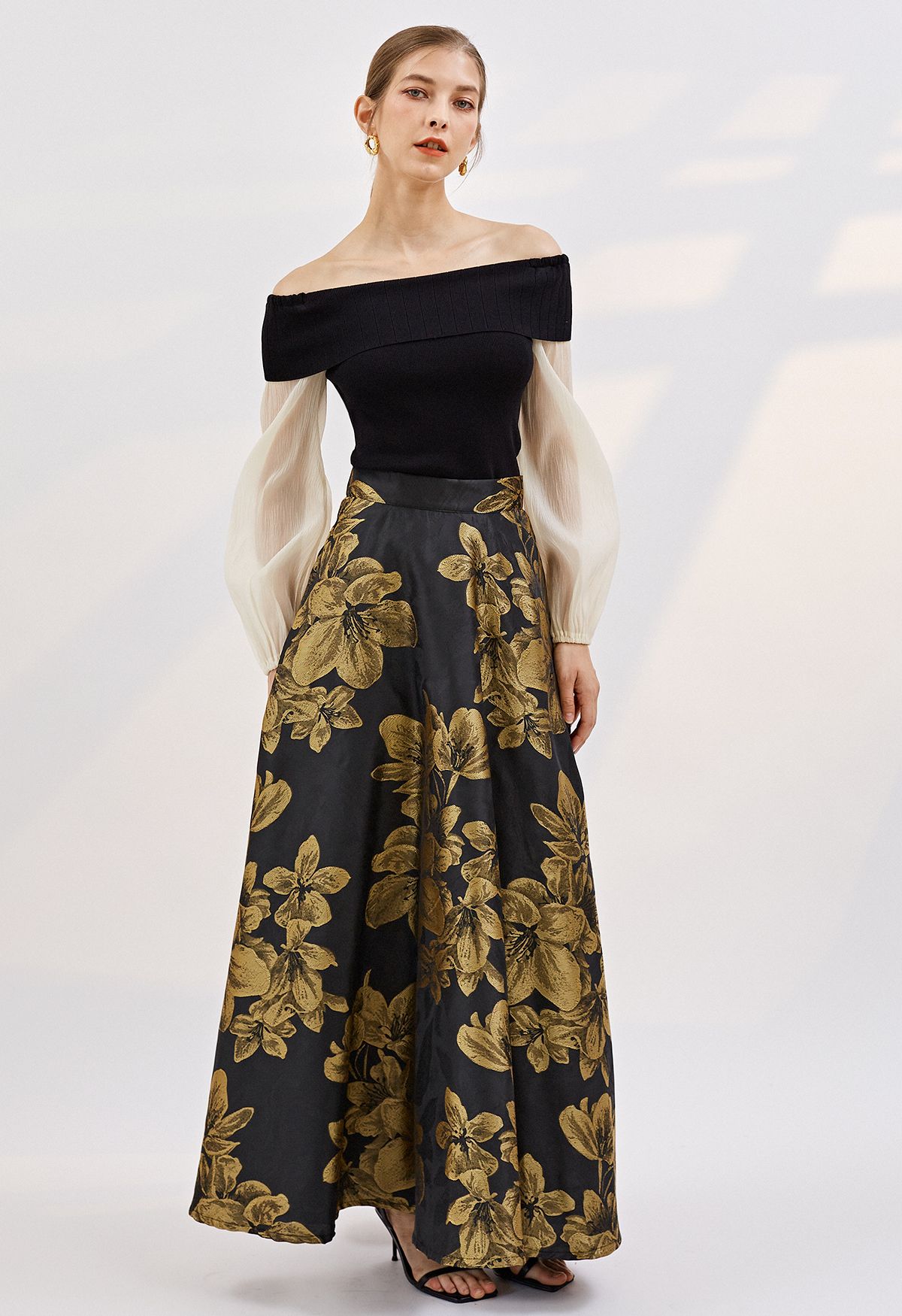 Golden Dahlia Blossom Jacquard Maxi Skirt - Retro, Indie and