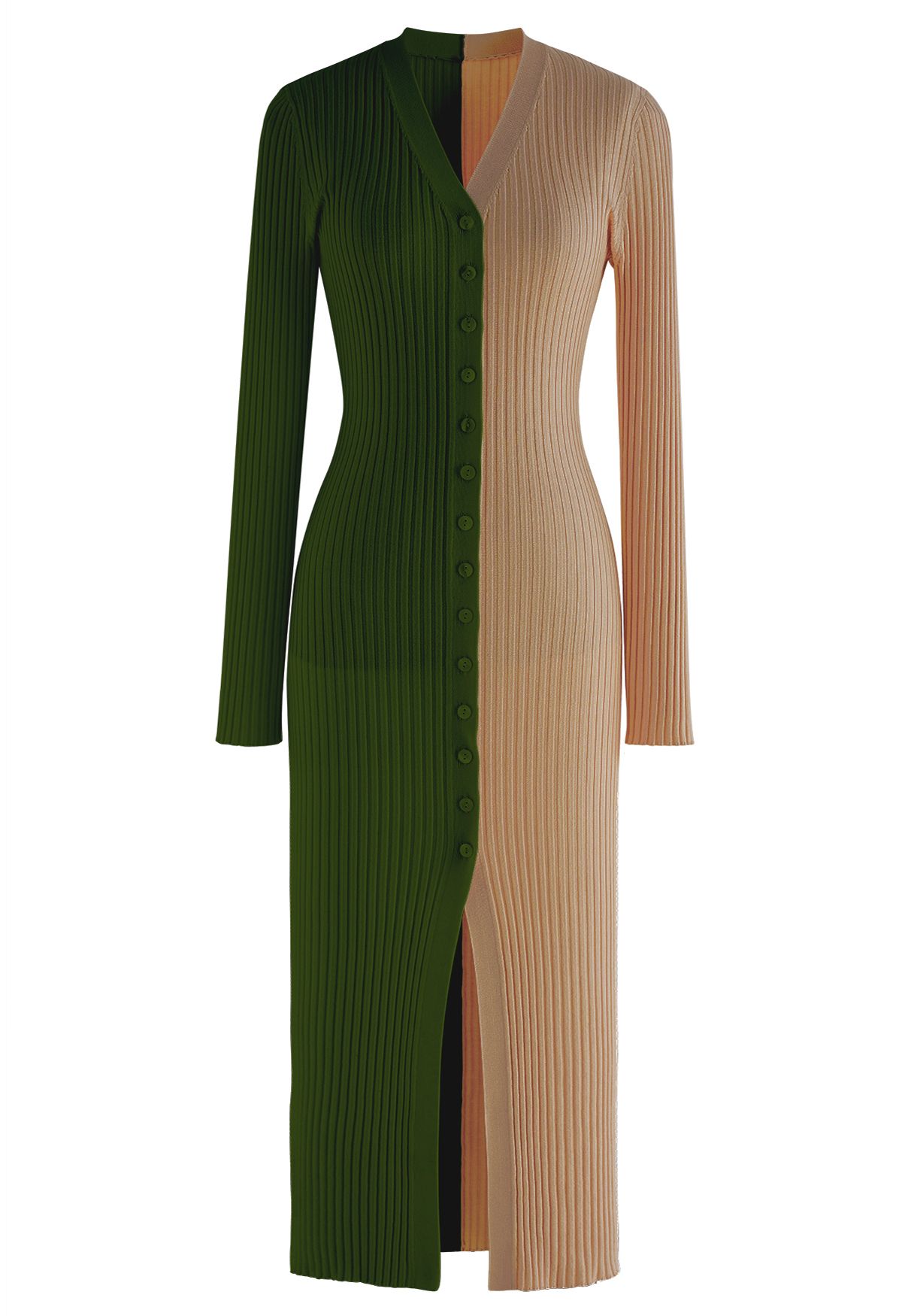 Button Down Two-Tone Spliced Bodycon Knit Dress in Tan