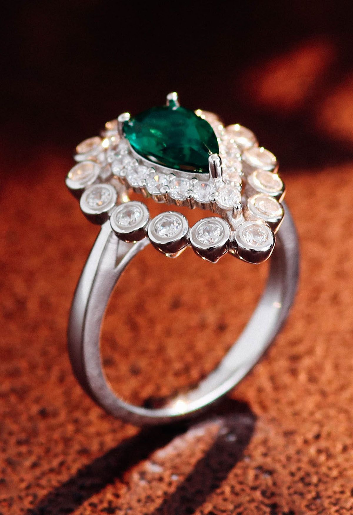 Pear Emerald Gem Diamond Trim Ring