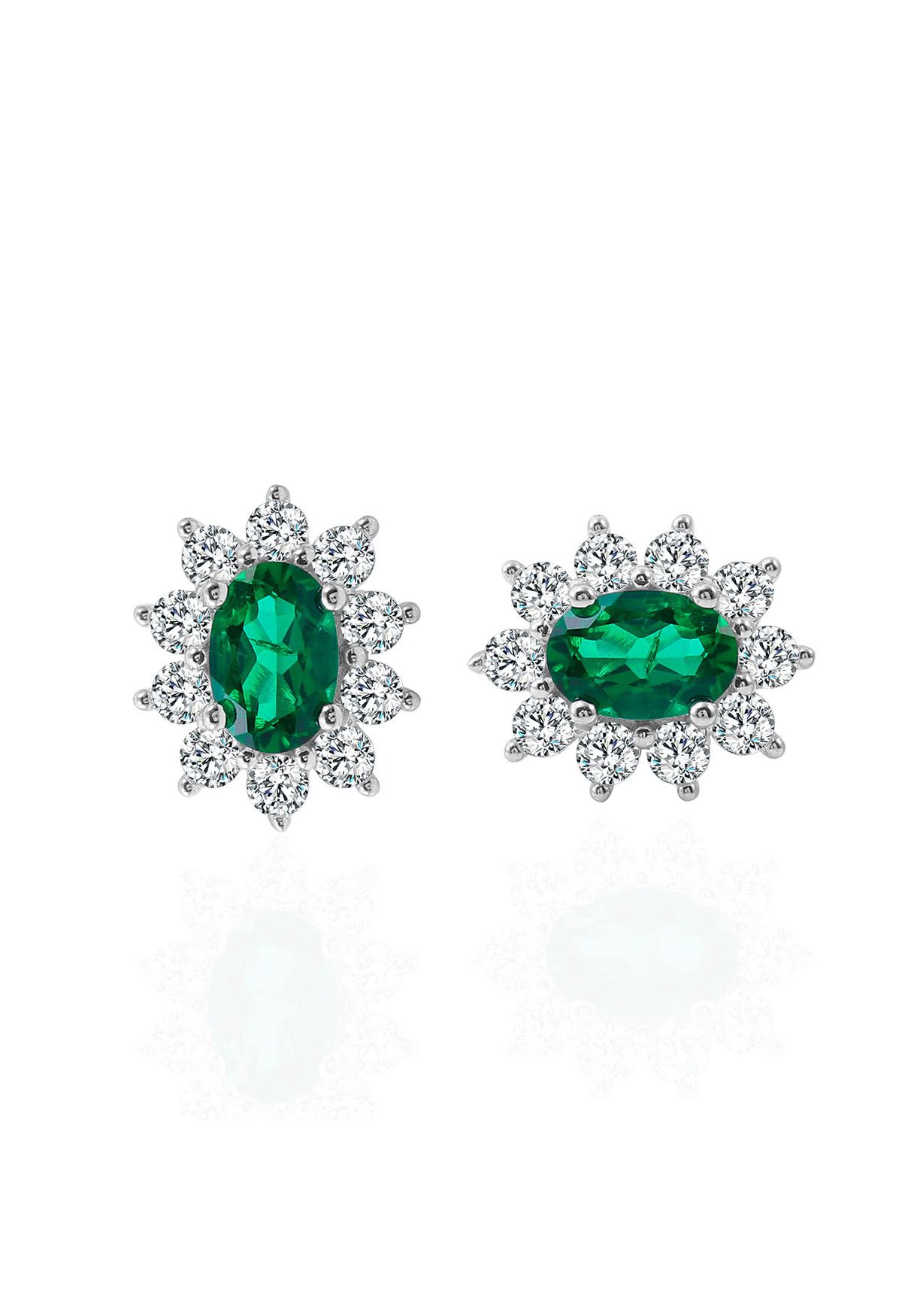 Floral Oval Emerald Gem Stud Earrings