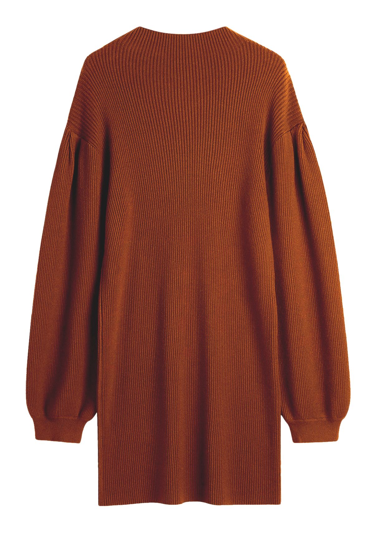 Lantern Sleeve Round Neck Ribbed Sweater Dress in Caramel