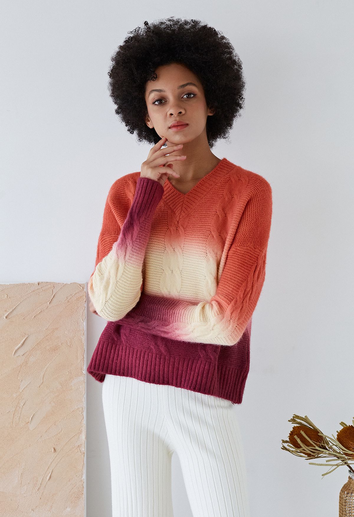 Sunset Ombre V-Neck Cable Knit Sweater