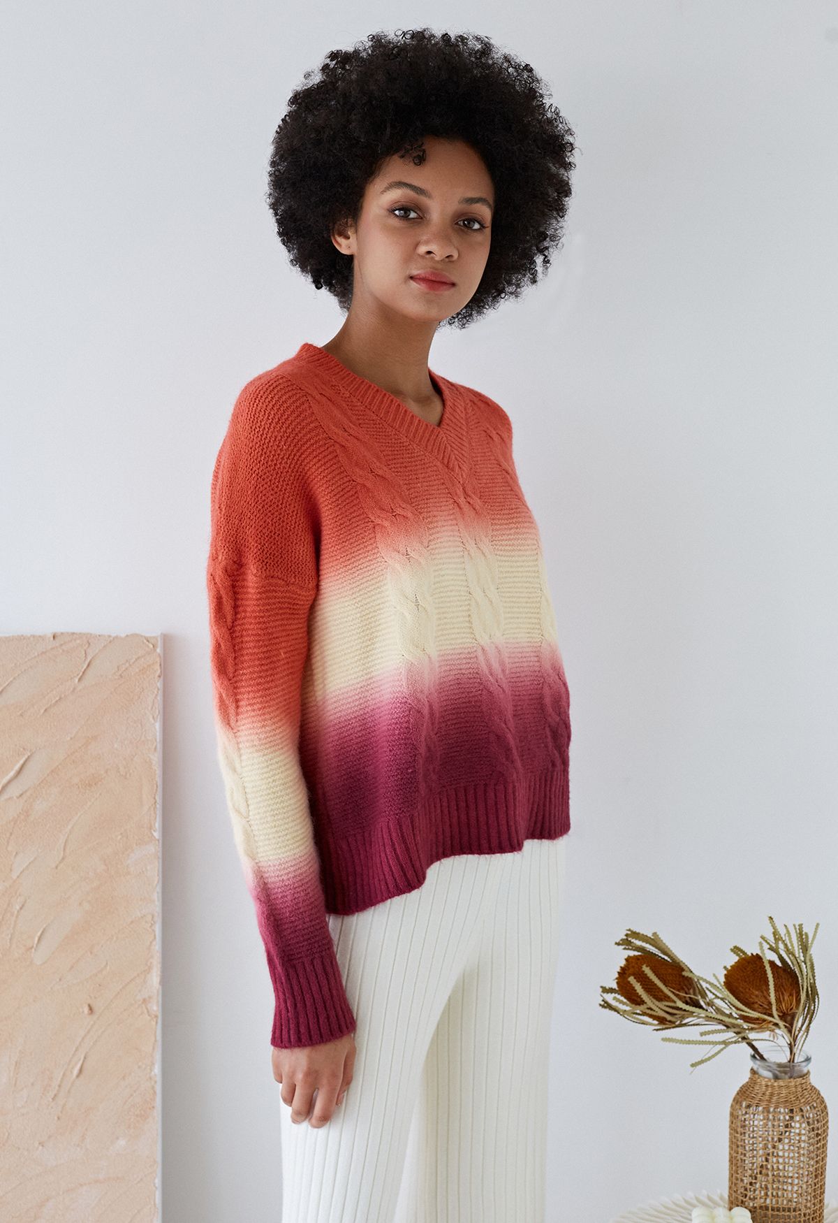 Sunset Ombre V-Neck Cable Knit Sweater