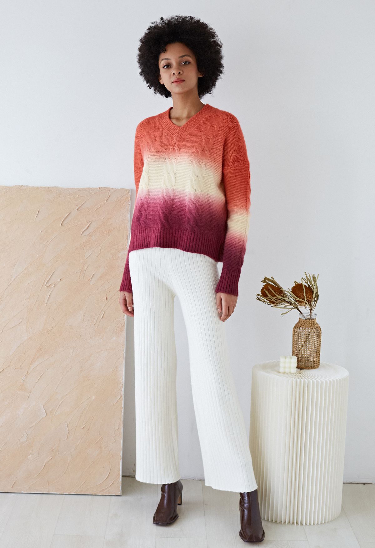 Sunset Ombre V-Neck Cable Knit Sweater