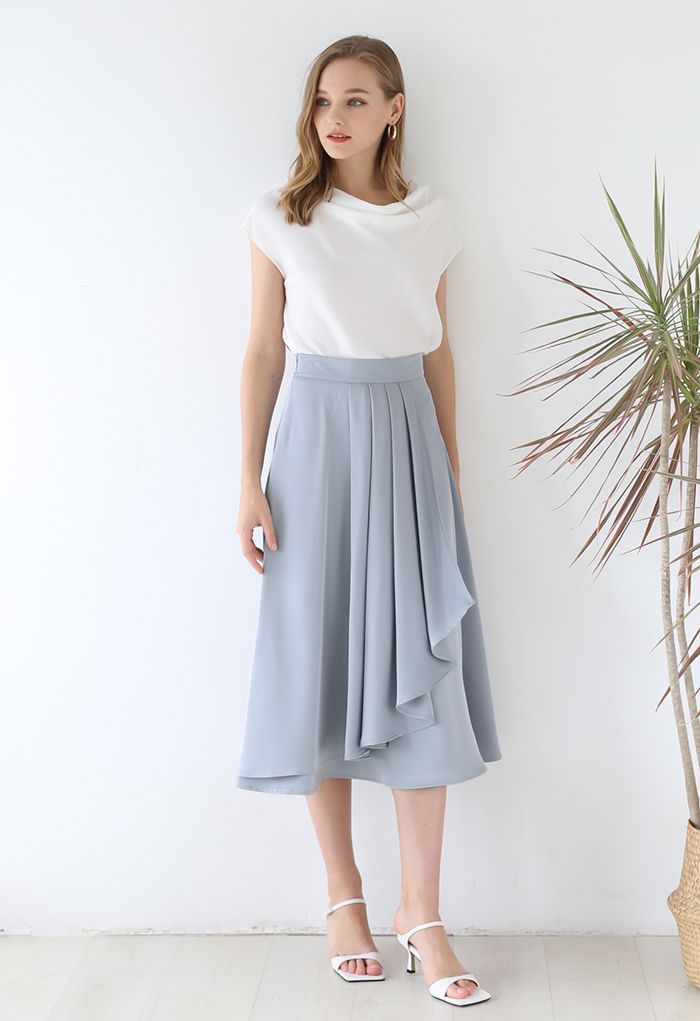 Flowy Satin Pleated Flap Midi Skirt in Dusty Blue