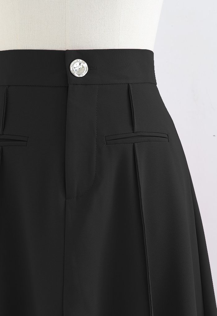 Faux Welt Pocket Seam Detail Midi Skirt in Black