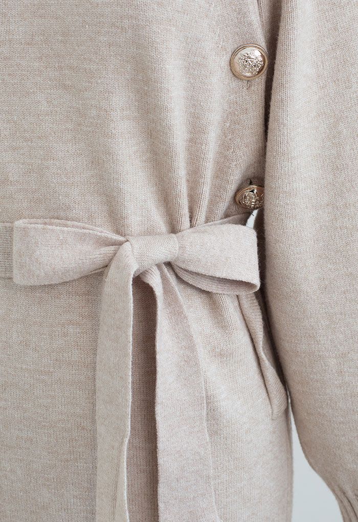 Buttoned Side Flap Collar Knit Midi Dress in Linen