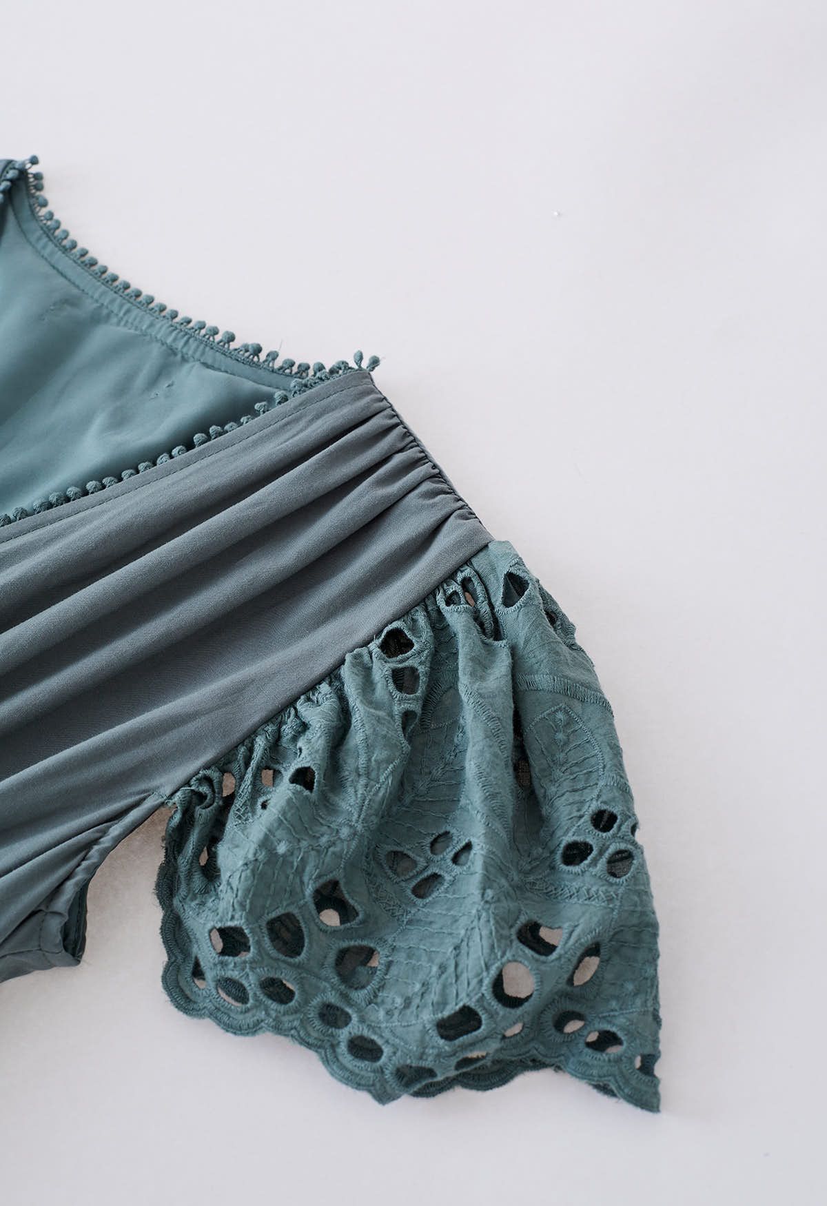 Cutwork Detail V-Neck Cotton Dress in Teal