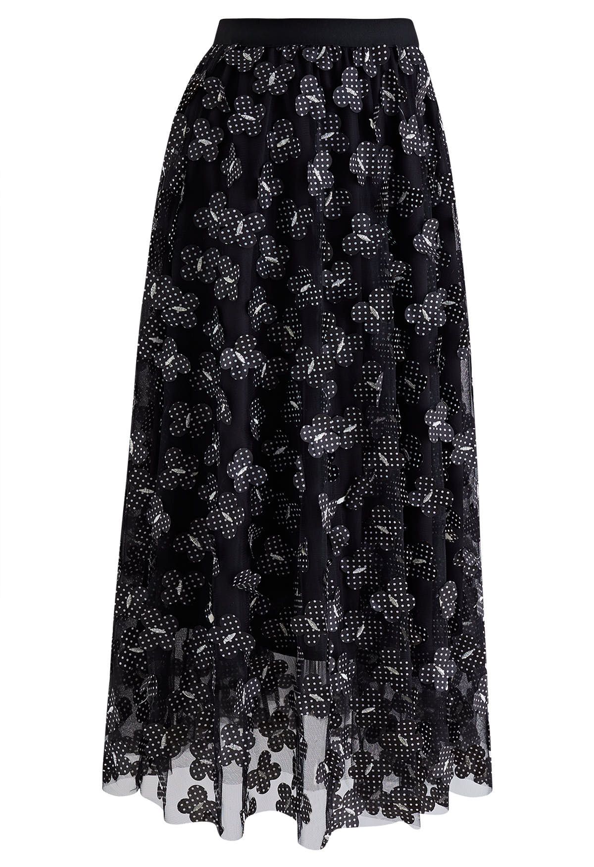 3D Dotted Butterfly Double-Layered Mesh Skirt in Black