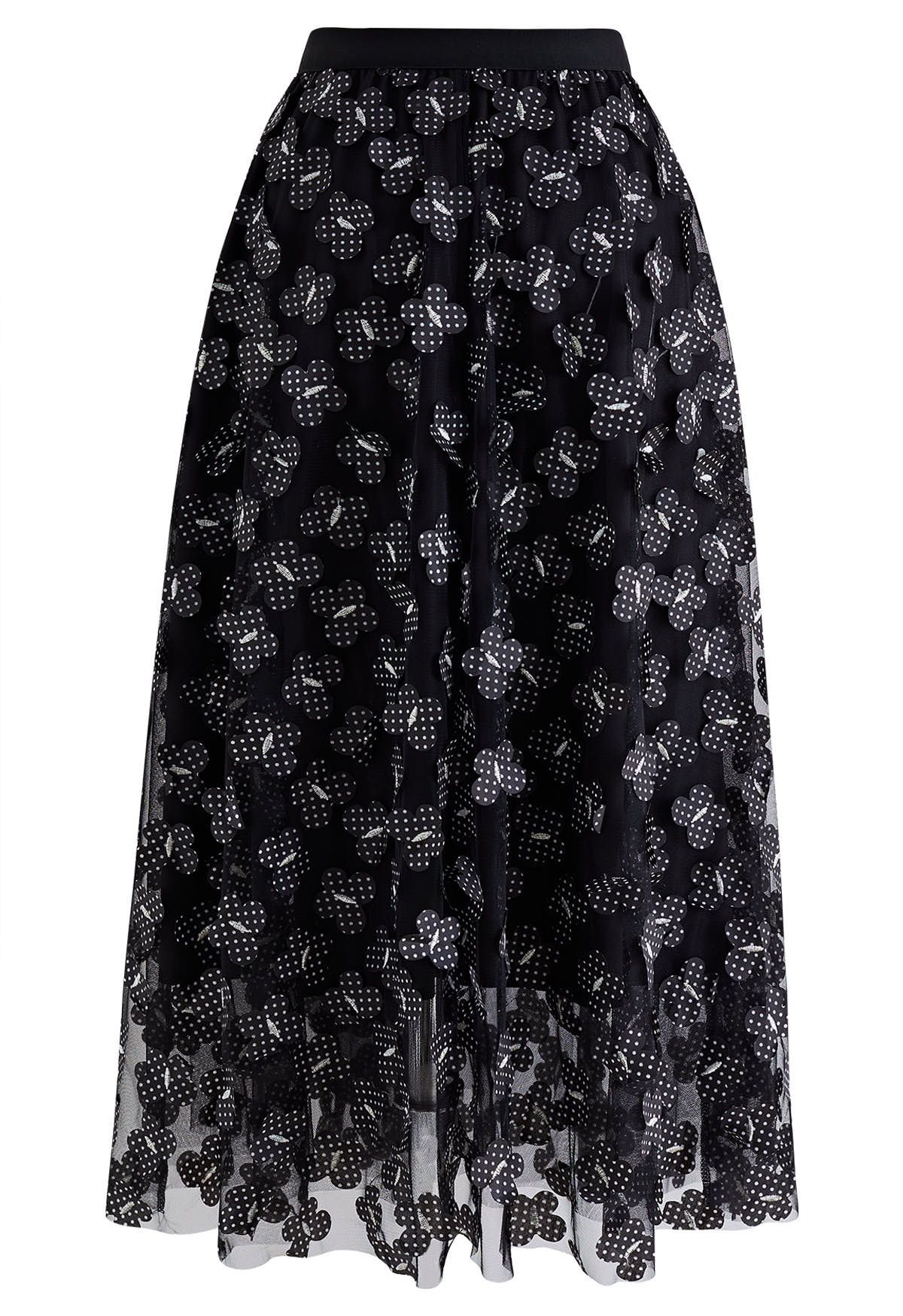 3D Dotted Butterfly Double-Layered Mesh Skirt in Black