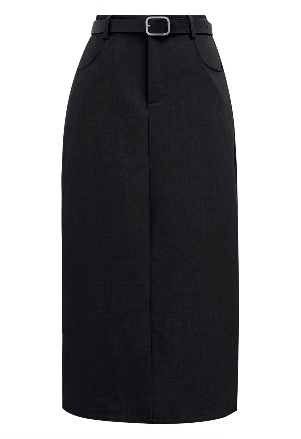 Slit Back Belted Maxi Skirt in Black