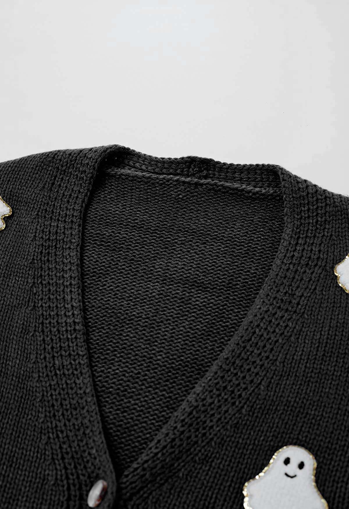 Halloween Ghost Patch Buttoned Knit Cardigan in Black